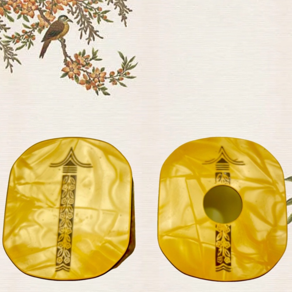 Celluloid Lidded Glass Asian Pagoda Floral Motifs Hair Receiver & Powder Jar